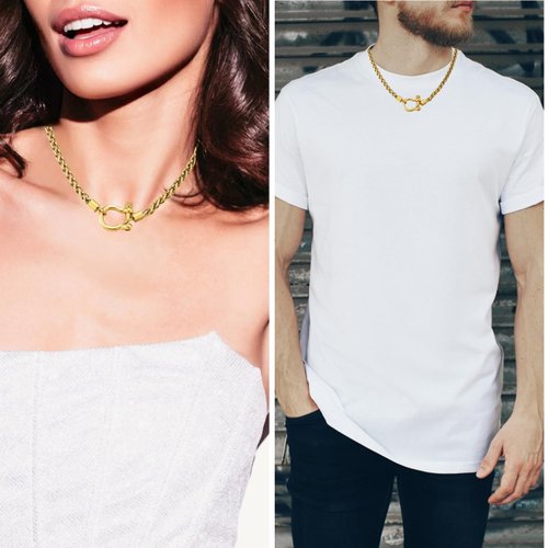 COOLSTEELANDBEYOND Mens Women Steel Gold Color Foxtail Wheat Chain Necklace, Screw Anchor Shackle Nautical Sailor Clasp
