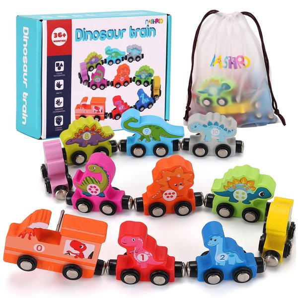 NASHRIO Dinosaur Toys for 2 3 4 Years Old Boys, Dinosaur Wooden Magnetic Train Set, Fun Kids Educational Gifts Toys for Ages 2-4, Toddler Learning Toys for Birthday Gifts