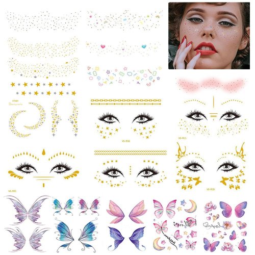 Face Temporary Tattoo, Glitter Metallic Freckle Tattoos, Butterflies Fake Tattoos Stickers for Festival Makeup Rave Accessories, Women Girls Eye Face Makeup Decoration