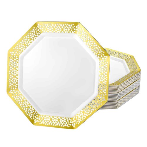 EcoQuality 7.5 Inches Gold Octagon Plastic Salad Plate – Elegant Disposable Dinnerware for Weddings, Parties, and Events – Durable, Stylish, and Reusable Tableware (100)