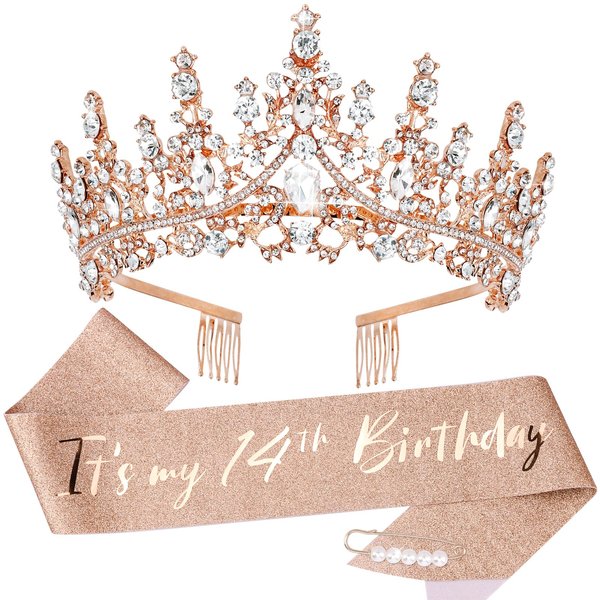 TOBATOBA 14th Birthday Decorations for Girls, Rose Gold Birthday Sash and Tiara for Girls, It's My 14th Birthday Decorations for Girls, 14 Birthday Crown Happy Birthday Gift Party Supplies for Girls