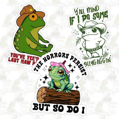 Funny Frog Sticker Set – 3 Pack of 2” Vinyl Decals – Y’All Mind If I Do Some Lollygagging, You’ve Yee’d Your Last Haw, The Horrors Persist But So Do I – Waterproof, Easy to Peel, Aesthetic Meme Gift