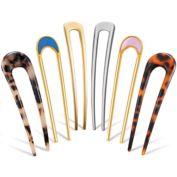 Chuangdi 6 Pcs U Shaped Hairpin French Hair Pin French Hair Pin Tortoise Hair Pin Shell Fork Sticks 2 Prongs Updo Chignon Pins for Women Girls Hair Styling Accessories