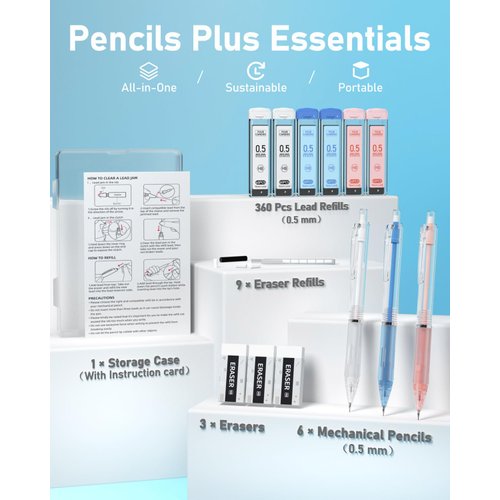 Four Candies Cute Mechanical Pencil Set, 3PCS Pastel Mechanical Pencils 0.5mm with 360PCS HB Lead Refills, 3PCS Erasers, 9PCS Eraser Refills for Student School