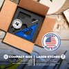 DFM Small Carpenters Square Work Tools w/Fixed Miter Angle Pin - Precision Woodworking Speed Square - 3.5" x 3.75" Size for Pocket 1/16" Scribe Holes 5 x 1/4" Pin Holes - Made in USA - English Blue