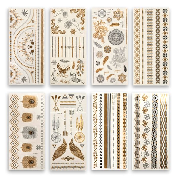 8 Sheets Metallic Gold Temporary Tattoos, Muulaii Shimmer Waterproof Fake Tattoos Long Lasting Gold Silver Glitter Stickers in Bracelets, Back, Wrist and Arm Bands