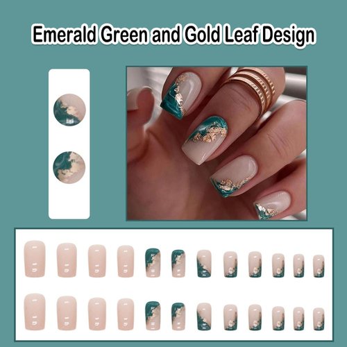 ANDGING Emerald Green Press on Nails Square Short Medium White Fake Nails with Gold Leaf Marble Design Glue on Nails for Women Girls Acrylic False Nails with Glue Stick on Nails for Wedding Birthday