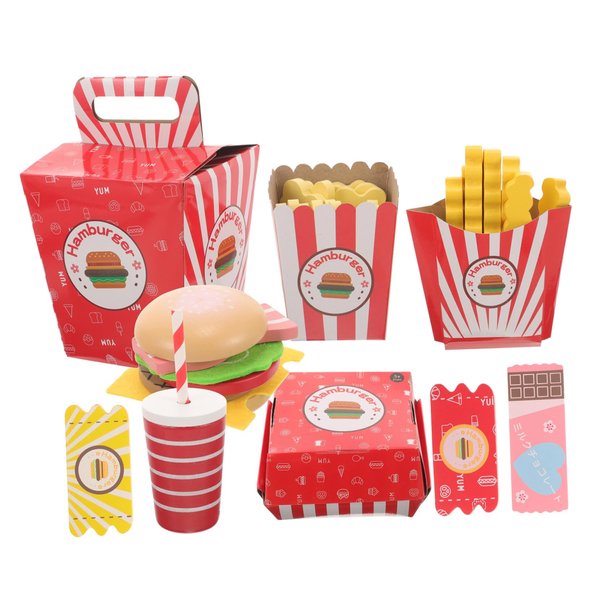 Vaguelly 1 Set Hamburger French Fries Combo Simulation Wooden Food Toys Wooden Kitchen Food Fake Food Wood Pretend Food Kitchen Play Food Happy Burgers Household Paper Bread Child