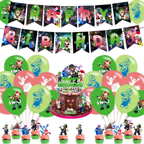 Luigi's Mansion 3 Party Decorations,Luigi's Mansion 3 Party Supplies,Luigi's Mansion Themed Includes Banner,Cake Toppers and Luigi Balloons for Luigi's Mansion 3 Birthday Decorations