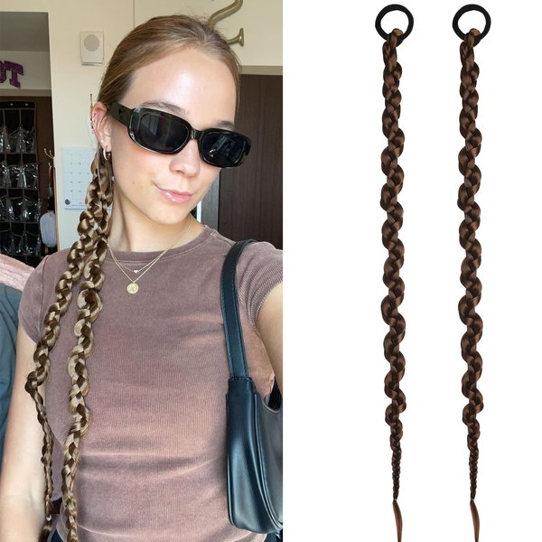 Dreamlover Y2K Braided Hair Bun Extensions, Pre Braided Ponytail Extensions with Hair Ties, Synthetic Long Pony Tail Hair Extensions for Women, Stylish Girls Fake Hairpieces, Light Brown, 2 Pieces