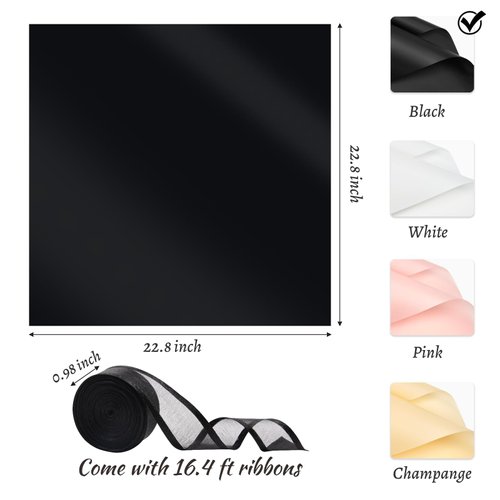 ZORRITA 20 Sheets Flower Bouquet Wrapping Paper, Waterproof Floral Wrapping Paper with Ribbons for Florist Supplies, 22.8 x 22.8 inch (Black)