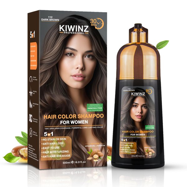 Kiwinz Professional Hair Color Shampoo – 5 in 1 Hair Dye Shampoo for Grey Hair - Instant Hair Dye with 100% Color Accuracy Enriched with Natural Ingredients - Ammonia Free - 500ml (Dark Brown)
