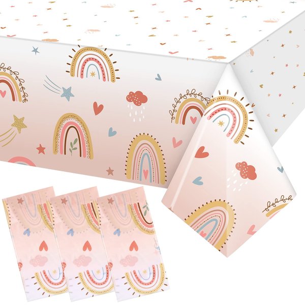 Tiamon Boho Rainbow Tablecloths Plastic Rainbow Waterproof Table Cover Bohemian Rainbow Clouds Table Covers for Boho Birthday Party Baby Shower Decorations Supplies, 108 x 54 Inches (3 Pieces)
