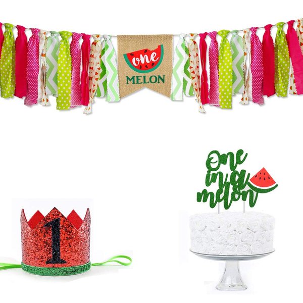 1st Birthday Decoration High Chair One Banner, Handmade Watermelon First Birthday Party Supplies Burlap Highchair Banner and One Cake Topper One Hat,1st Birthday Banner For Baby Shower