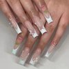 MISUD Press on Nails Long Square Fake Nails Glossy Glue on Nails White French Tip Acrylic Nails Squoval Butterfly Artificial Nails Cute Flower Pearl Bow Stick on False Nails with Design 24 pcs
