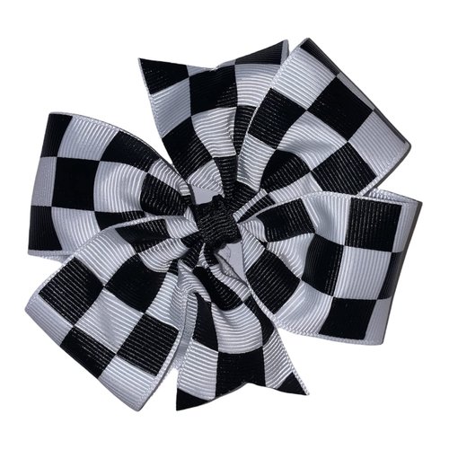 Racing White & Black Checkered Pinwheel Hair Bow 4"