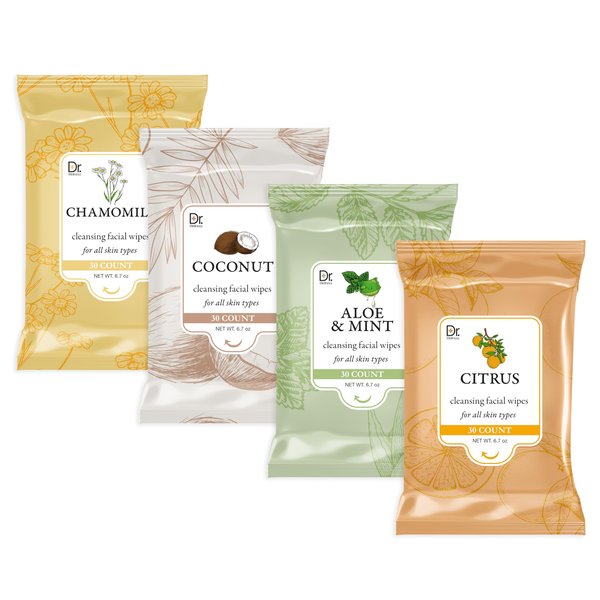 Dr. Wellness Gentle Cleansing Facial Wipes Variety Pack, 30 Count (6.7 oz) Each, for All Skin Types, Chamomile, Coconut, Aloe, Mint, and Citrus