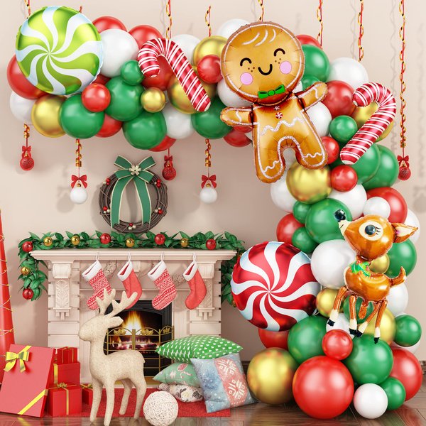 Christmas Balloon Arch Kit, Gingerbread Man Balloon Garland Kit, Green Red Gold Christmas Balloons with Candy Cane Foil Balloon, Latex Balloons for Christmas Party Decoration New Year Party Supplies
