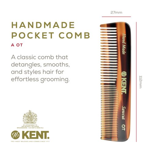Kent A OT Fine and Wide Tooth Pocket Comb, Fine Wide Teeth Dresser Comb For Hair, Beard and Mustache,Coarse and Fine Hair Grooming Comb for Men,Women and Kids.Saw Cut Hand Polished.Handmade in England
