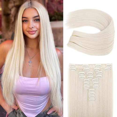 REECHO Hair Extensions, 11PCS Clip in Hair Extensions 24" Long Straight hair extensions HE005 Natural Soft Synthetic Hairpieces for Women – Platinum Blonde