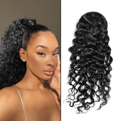 100% Human Hair Drawstring Ponytail Water Wave 1B Black Afro Ponytail Natural Black Color Brazilian Virgin Human Hair Ponytail Remy Hair Extensions For Black Women,16 Inch（100G）