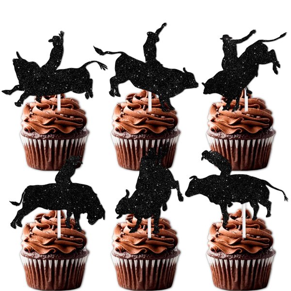 Black Glitter Matador Cow Dessert Cupcake Topper Pick for Western Bull Riding Bull Rider Competition Theme Decor Supplies Men Boys Birthday Party Decorations set 18pcs