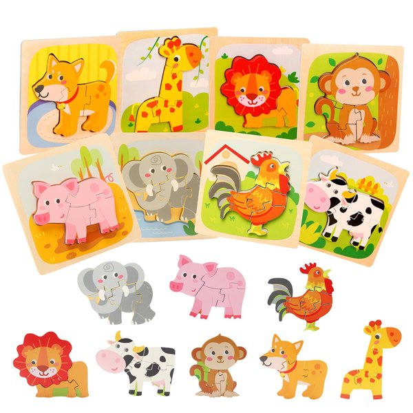 Wooden Puzzles for Toddlers 2-4, 8 Pack Animal Puzzles for 1-3 Years Boys Girls, Montessori Educational Toy for Ages 1-4, Baby Learning Toys Gifts with Storage