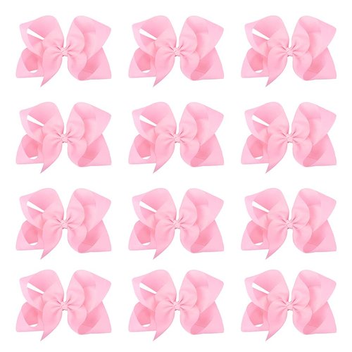 DEEKA 12 PCS 6" Big Hand-made Grosgrain Ribbon Hair Bow Alligator Clips Hair Accessories for Little Teen Toddler Girls - Light Pink