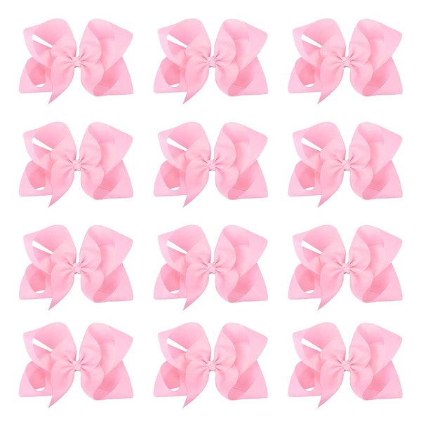 DEEKA 12 PCS 6" Big Hand-made Grosgrain Ribbon Hair Bow Alligator Clips Hair Accessories for Little Teen Toddler Girls - Light Pink