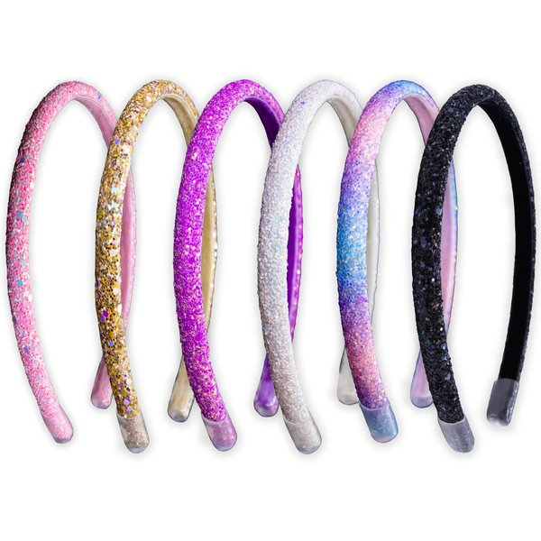 FROG SAC 6 Headbands for Girls - Thin Glitter Toddler Hair Accessories, Little Girl Rainbow Hair Bands, Kids Fashion Head Band Pack, Cute Sparkle Headband Accessory Set