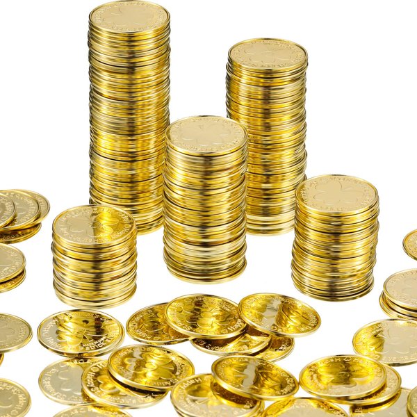 240 Pieces St. Patrick's Day Shamrock Coins Saint Patty's Day Plastic Lucky Clover Coins Shamrock Luck Coins Table Sprinkles for Party Supplies (Gold)