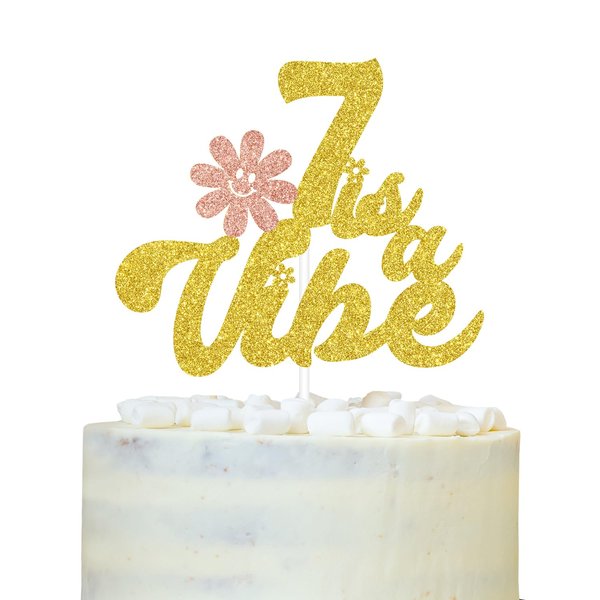 Happy 7th Birthday Cake Topper, 7 is a Vibe, Sweet Sassy and Seven, Glittery Boys Girls Groovy Daisy 7th Birthday Party Decorations Supplies