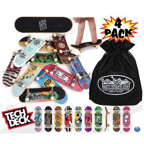 Tech Deck 96mm Individual Fingerboards Bundle with Matty's Toy Stop Storage Bag - Pack of 4 (Assorted Styles)