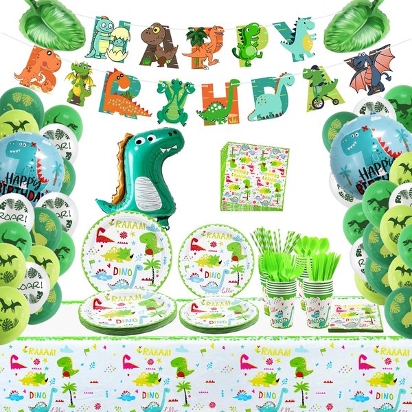 Dinosaur Party Supplies, Dinosaur Party Decorations, Including Happy Birthday Banner, Balloons, Tablecloth, Plate, Cups, Palm Leaves Balloons for Kids Party, Boys, Girls, Serves 20