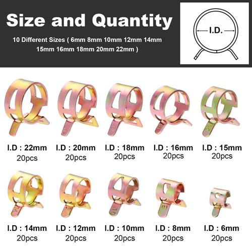 OCR 200Pcs 6-22mm Fuel Hose Line Spring Clip Clamps Fasteners Silicone Vacuum Hose Pipe Clamp Steel Wire Air Tube Water Pipe Clip10Sizes