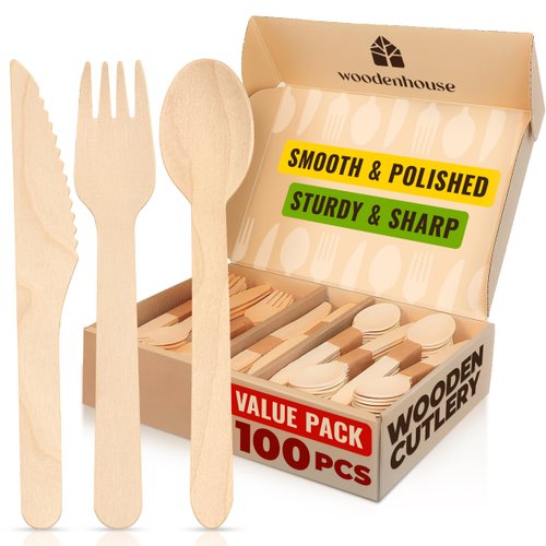 WOODENHOUSE LIFELONG QUALITY Compostable Utensils – 100 Pcs (40 Compostable Forks-40 BIodegradable Spoons-20 Knives) – Eco–Friendly Compostable Forks and Spoons - Biodegradable Utensils