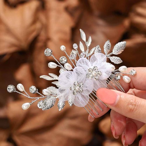 Unsutuo Flower Bride Wedding Hair Comb Silver Leaf Bridal Hair Accessories Crystal Hair Piece for Women and Girls