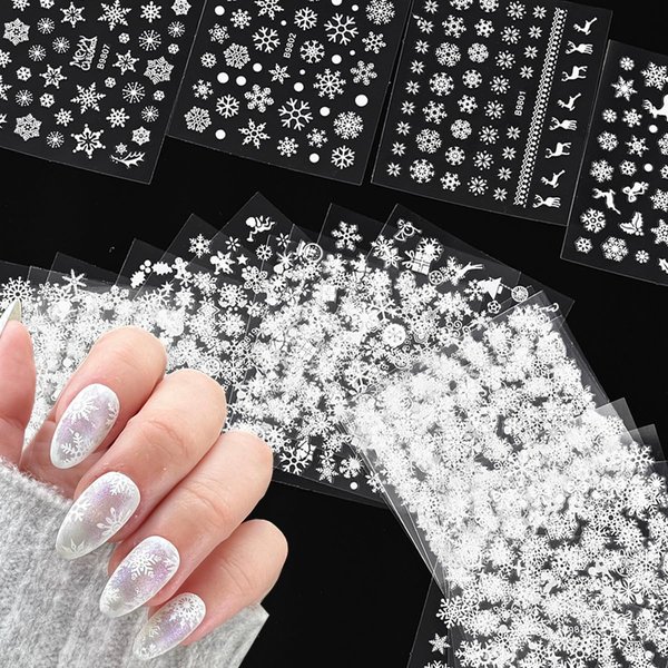 30Sheets Snowflake Nail Art Stickers 3D Christmas Nail Art Supplies White Snowflakes Snowmen Santa Claus Elk Snow Design Shiny Decals Manicure Winter Xmas New Year DIY Nail Decorations Accessories