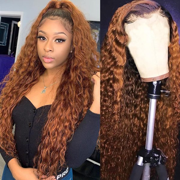 Labamiya Chocolate Curly Human Hair Wig Lace Frontal Closure Deep Human Hair Wig Pre Plucked Pre Cut Lace Frontal Closure Glueless Wigs Elastic Band 200% Density