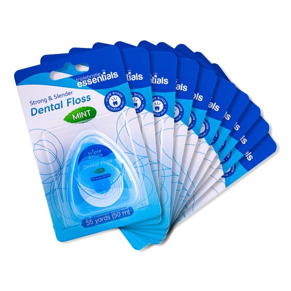 Triple Bristle Dental Floss | Anti Plaque Polytetrafluorethylene Floss (PTFE) | Gentle Easy Glide Satinfloss | Pro-glide UltraClear Strong & Slender | Mint Flavored | 55 yards (50m) per pack | 10 pack