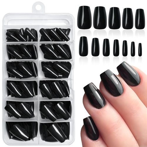 LuckForever 240pc Black Press on Nails Short Coffin Fake Nails Short Ballerina False Nails Full Cover Color Coffin Nail Tips Solid Color False Nail Coffin Shape Press On Nails Set for Women