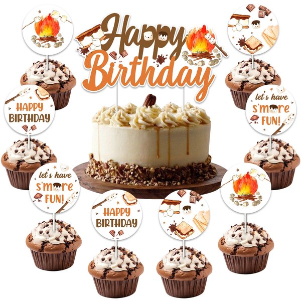 Jollyboom 24Pcs S’more Birthday Decorations, Let's Have S'more Fun Cake Topper Double-sided Printing Camping Party Decorations Cupcake Topper for Boys Girls Smore Theme Camping Birthday Party