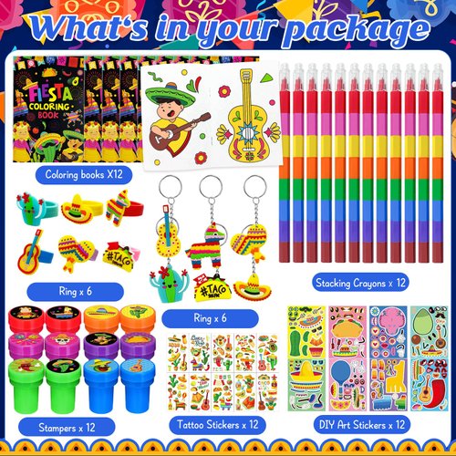 72 Pieces Mexican Party Favors Coloring Books with Crayons Set,Fiesta Party Pinatas Goodie Bag Fillers, Cinco de Mayo Party Supplies Craft DIY Kit Face Stickers Tattoo for Taco Party Day of the Dead