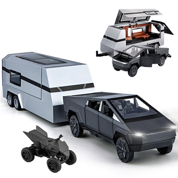 Pickup Trailer RV Model, Metal Pick-Up Truck Trailer Toy with Motorcycle, Toy Truck with Sound/Light/Pull Back/Realistic Interior Exterior,Ideal Toy Car Vehicle Gifts (1/32 Black Pickup Trailer RV)