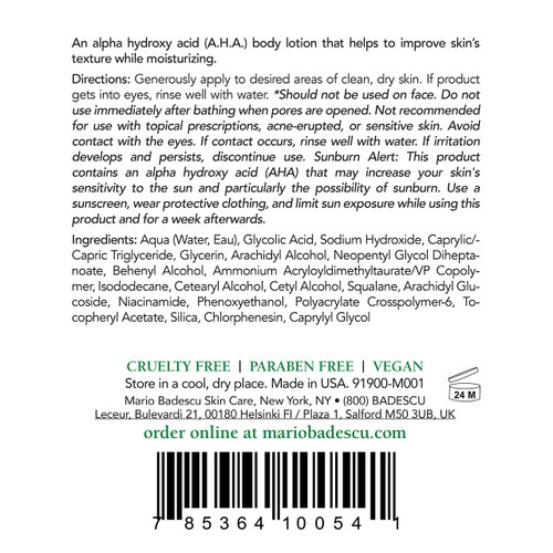 Mario Badescu AHA Body Lotion With Glycolic Acid - Moisturizing & Gentle Exfoliating Body Lotion for Softer, Youthful-looking Skin - Lightweight, Non-greasy Formula, 6 Fl Oz