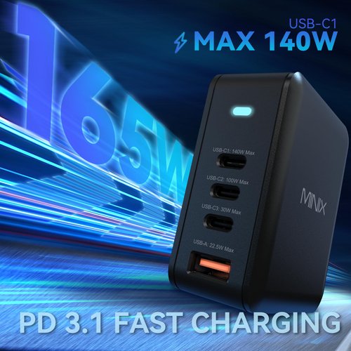 MINIX 165W USB C Charger,GaN II Charger PD3.1 Max 140W,Turbo 4-Port Wall Charger, Fast Charging Station, Compatible with MacBook Pro/iPad Air/iPhone15 14 13Pro Max/Galaxy S24 Ultra and More