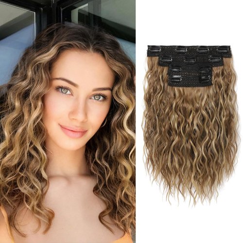 REECHO Hair Extensions, 4PCS Clip in Hair Extensions 12" Short Curly Wavy Brown Hair Extensions Invisible Lace Weft Natural Soft Hairpieces for Women – Light Brown with Highlights