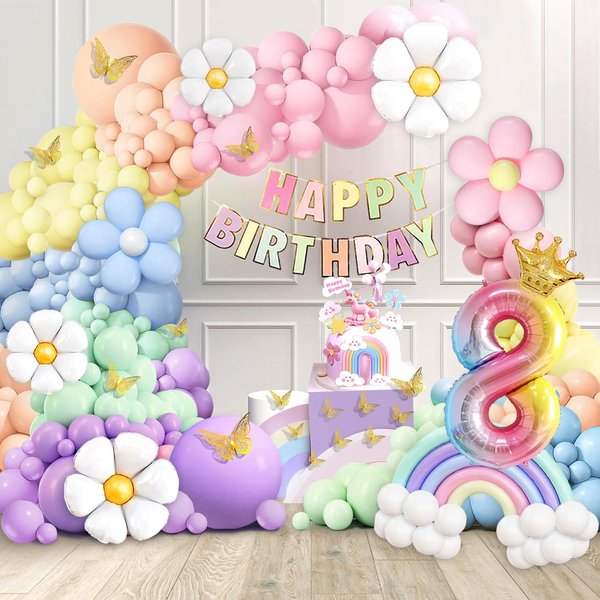 Pastel Balloons 8th Birthday Decorations for Girls, 219 Pastel Balloon Garland Kit with Flowers, Happy Birthday Banner, Cake Topper, 3D Butterflies, Number 8 Balloon for Pastel Birthday Decorations