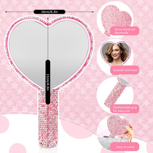 Thyle 4 Pcs Rhinestone Handheld Mirror and Bling Hair Brush Set 2 Cute Heart Shaped Mirror 2 Wet and Dry Hair Brush for Women, Girls Bride, Bridesmaid Gift(Pink)