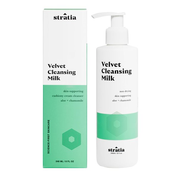 Stratia Velvet Cleansing Milk | Gentle Cream Face Cleanser | Moisturizing, Non-Foaming | Chamomile, Olive Oil & Aloe Vera | 8 Fl Oz